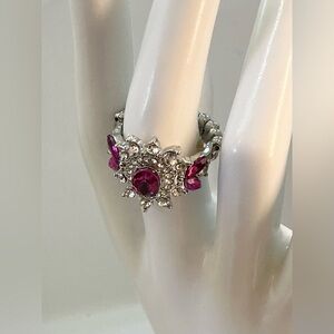 SILVERTONE CLEAR RHINESTONE BAR STRETCH BAND COCKTAIL RING